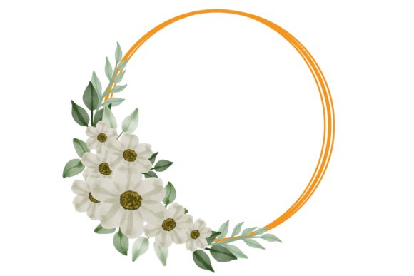 Evaluating the Circle Frame with White Floral Bouquet Watercolor Illustration